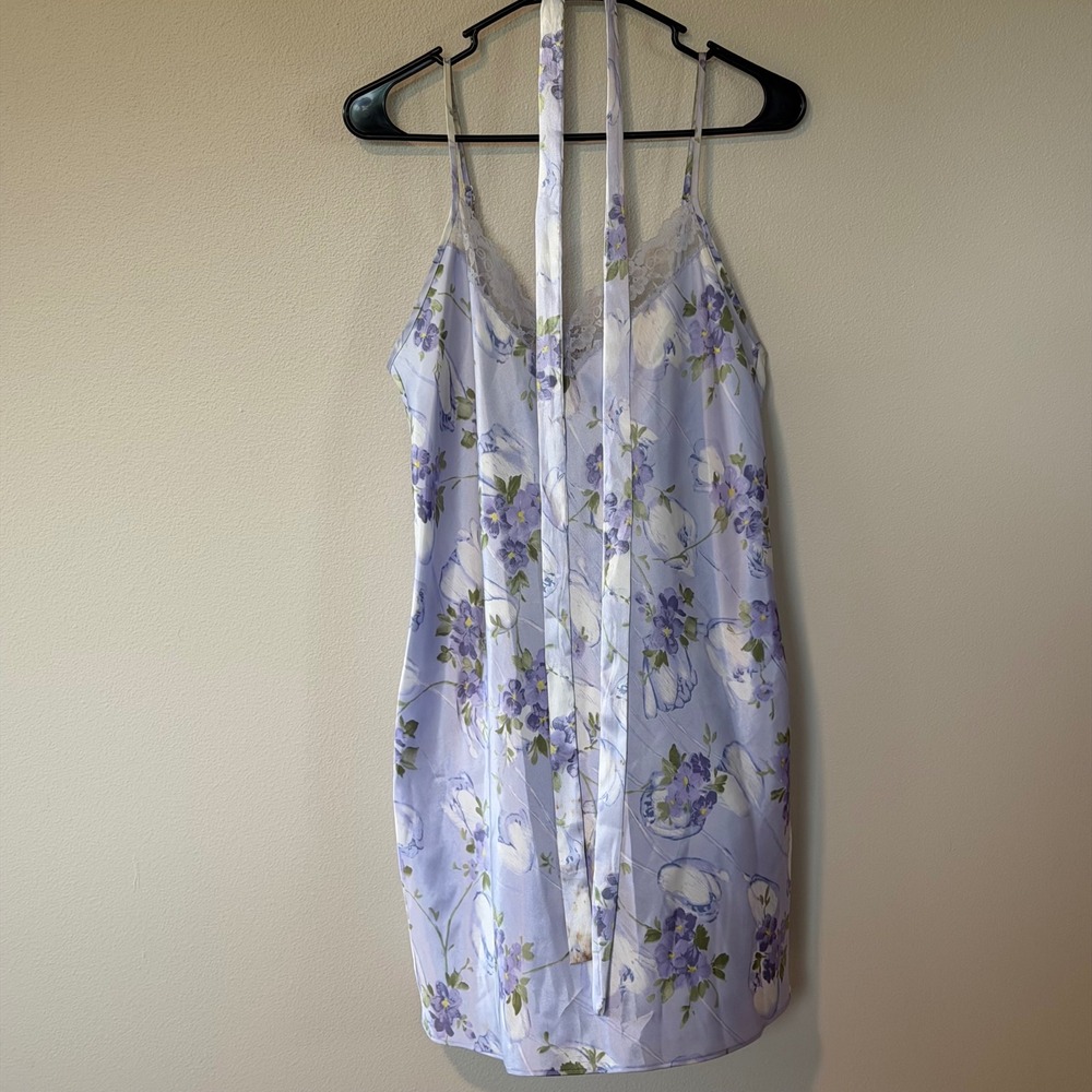 Vintage Gilligan O'Malley Floral Satin Robe Chemise Set Lilac Nightgown Medium - Picture 3 of 9
